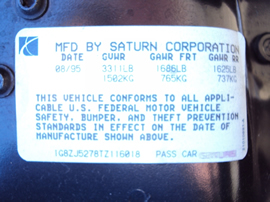 1996 SATURN SL2 MODEL 4 DOOR SEDAN 1.9L DOHC MT FWD COLOR PURPLE STK 129835
