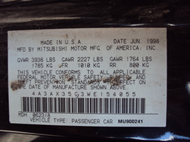 1998 MITSUBISHI ECLIPSE CONVERTIBLE SPYDER GS MODEL 2.4L MT FWD COLOR BLACK STK 123599